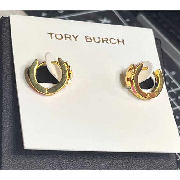 TORY BURCH SERIF T PINK ENAMEL HUGGIE HOOP EARRINGS - Picture 4 of 6